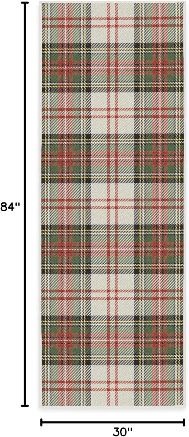 RUGGABLE Winter Plaid Runner Rug - Perfect Holiday Washable Rug for Entryway Hallway Kitchen - Pet &amp; Child Friendly - Stain &amp; Water Resistant - Dress Stewart Tartan White 2.5&