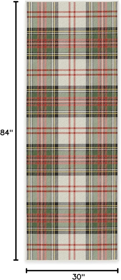 RUGGABLE Winter Plaid Runner Rug - Perfect Holiday Washable Rug for Entryway Hallway Kitchen - Pet &amp; Child Friendly - Stain &amp; Water Resistant - Dress Stewart Tartan White 2.5&