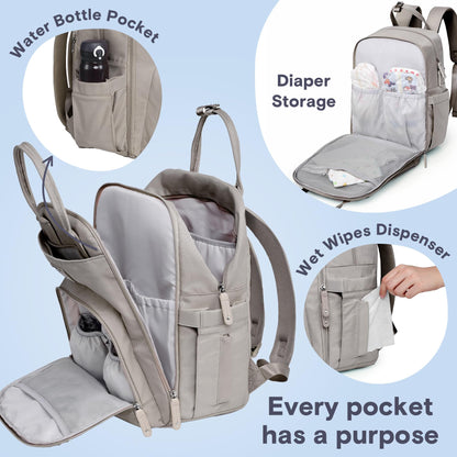 RUVALINO Diaper Bag Backpack, Multifunction Travel Pack Maternity Baby Changing Bags, Large Capacity, Waterproof, Beige