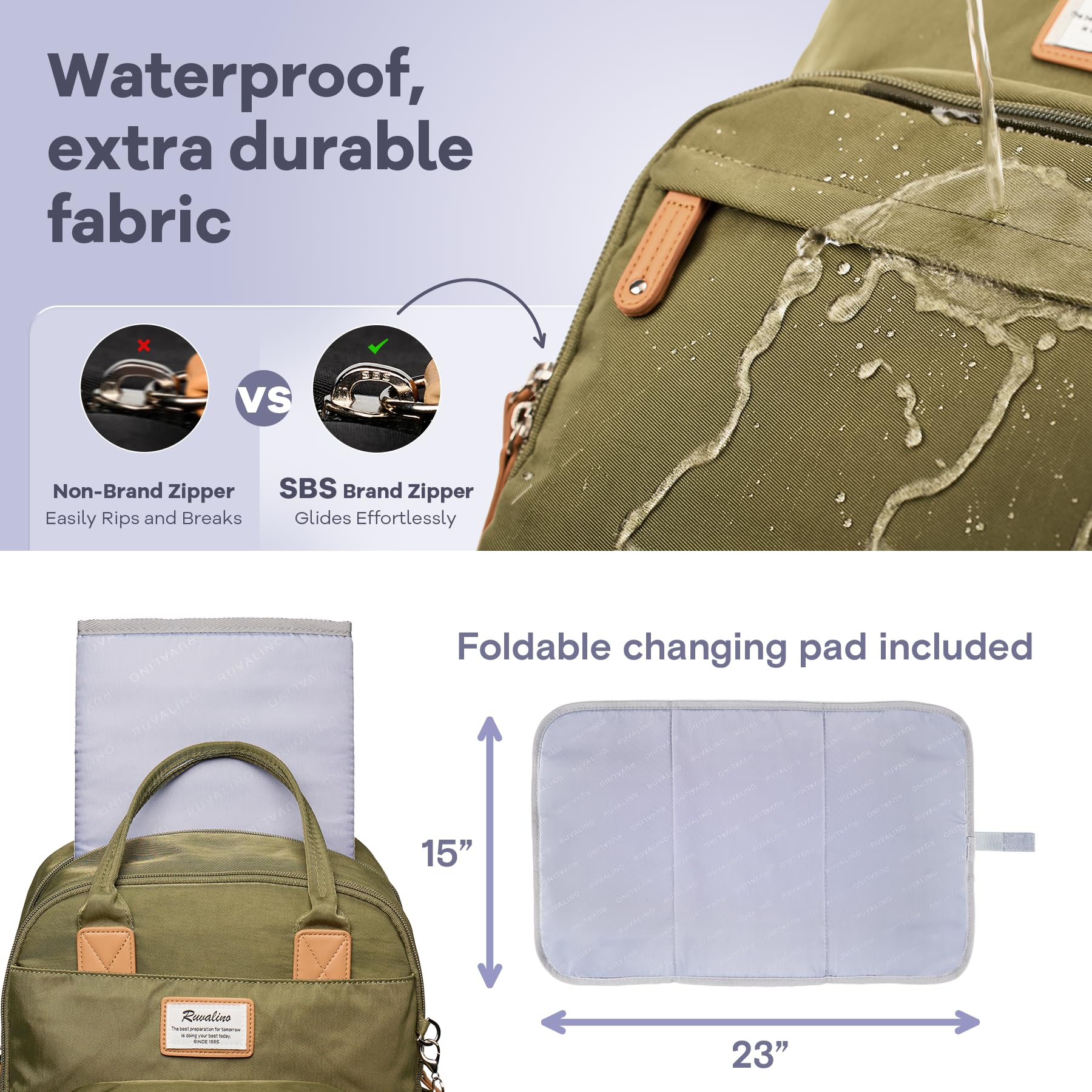 RUVALINO Diaper Bag Backpack, Multifunction Travel Pack Maternity Baby Changing Bags, Large Capacity, Waterproof, Beige