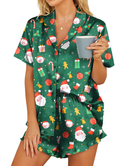 HOTOUCH Womens Satin Pajamas Set Button Down 2 Piece Silk Pjs Shorts Set Ruffle Lingerie Notch Collar Sleepwear