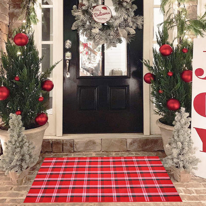 Christmas Red and White Plaid Rug - 28 x 43 Inches Outdoor Front Door Decor Mat Cotton Washable Hand-Woven Rug Christmas New Year Holiday Porch Entryway Layered Doormat