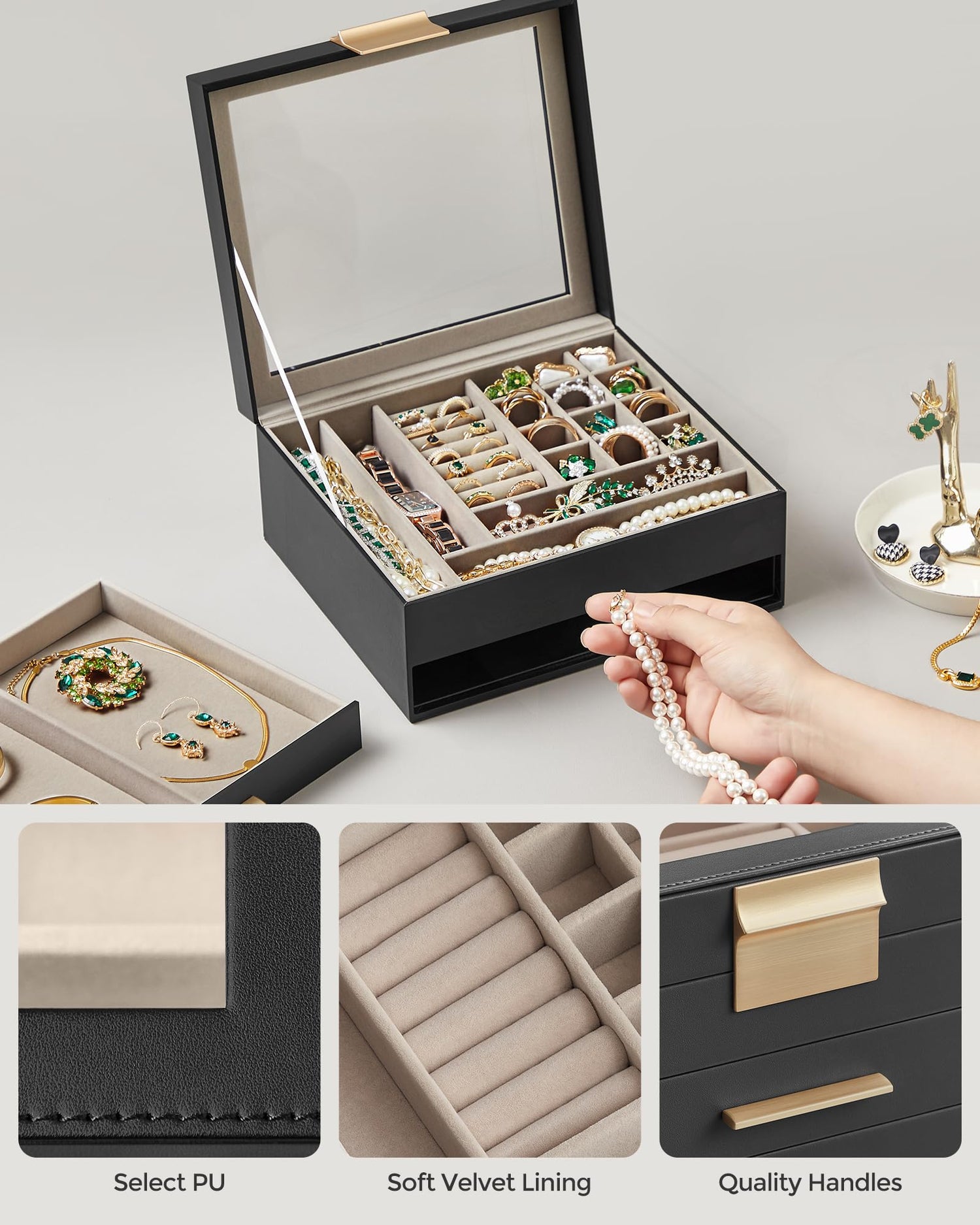 SONGMICS Jewelry Box with Glass Lid, 3-Layer Jewelry Organizer, 2 Drawers, for Big and Small Jewelry, Jewelry Storage, Modern Style, 8 x 9.1 x 5.3 Inches, Cloud White and Gold Color UJBC239WT