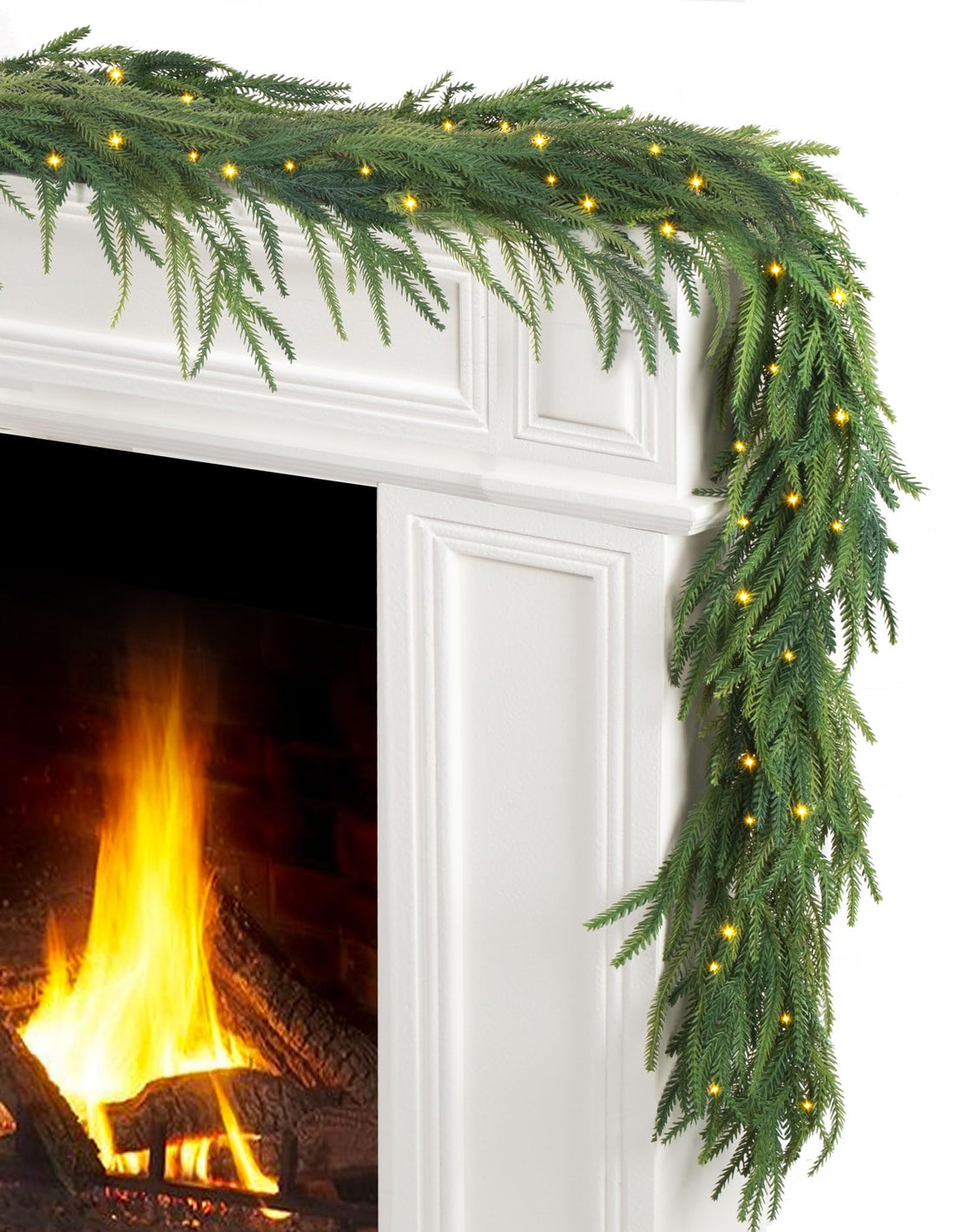 Jin&amp;Bao 6FT Real Touch Norfolk Pine Garlands, Christmas Garland with Lights, Christmas Decorations for Mantel Stairs Table Runner Outdoor Indoor Winter Decor, 50 LED with Timer 8 Modes