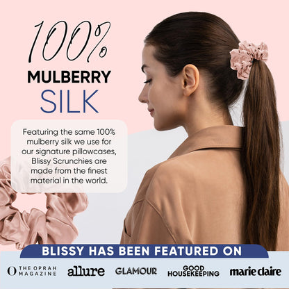 Blissy Silk Scrunchies (3 Pack) - 100% Pure Mulberry Silk - 22 Momme 6A High-Grade Fibers - Silk Scrunchie for Straight &amp; Curly Hair - Preventing Breakage, Tangling, &amp; Creasing (Black Skinny)