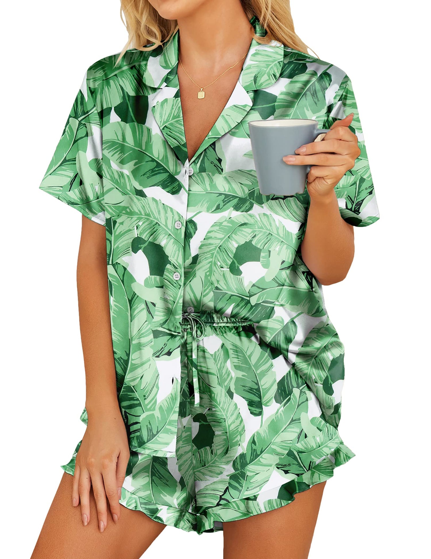 HOTOUCH Womens Satin Pajamas Set Button Down 2 Piece Silk Pjs Shorts Set Ruffle Lingerie Notch Collar Sleepwear