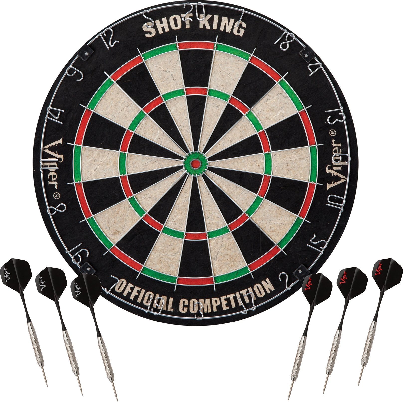 Viper Stadium Cabinet &amp; Shot King Sisal/Bristle Dartboard Ready-to-Play Bundle with Two Sets of Steel-Tip Darts, Throw Line, and Dry Erase Scoreboards, Walnut Finish