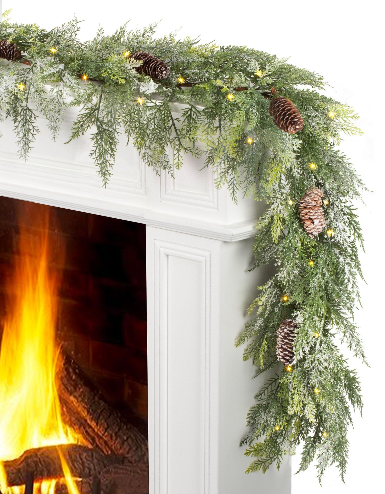 Jin&amp;Bao 6FT Real Touch Norfolk Pine Garlands, Christmas Garland with Lights, Christmas Decorations for Mantel Stairs Table Runner Outdoor Indoor Winter Decor, 50 LED with Timer 8 Modes