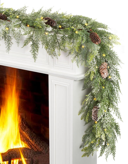Jin&amp;Bao 6FT Real Touch Norfolk Pine Garlands, Christmas Garland with Lights, Christmas Decorations for Mantel Stairs Table Runner Outdoor Indoor Winter Decor, 50 LED with Timer 8 Modes