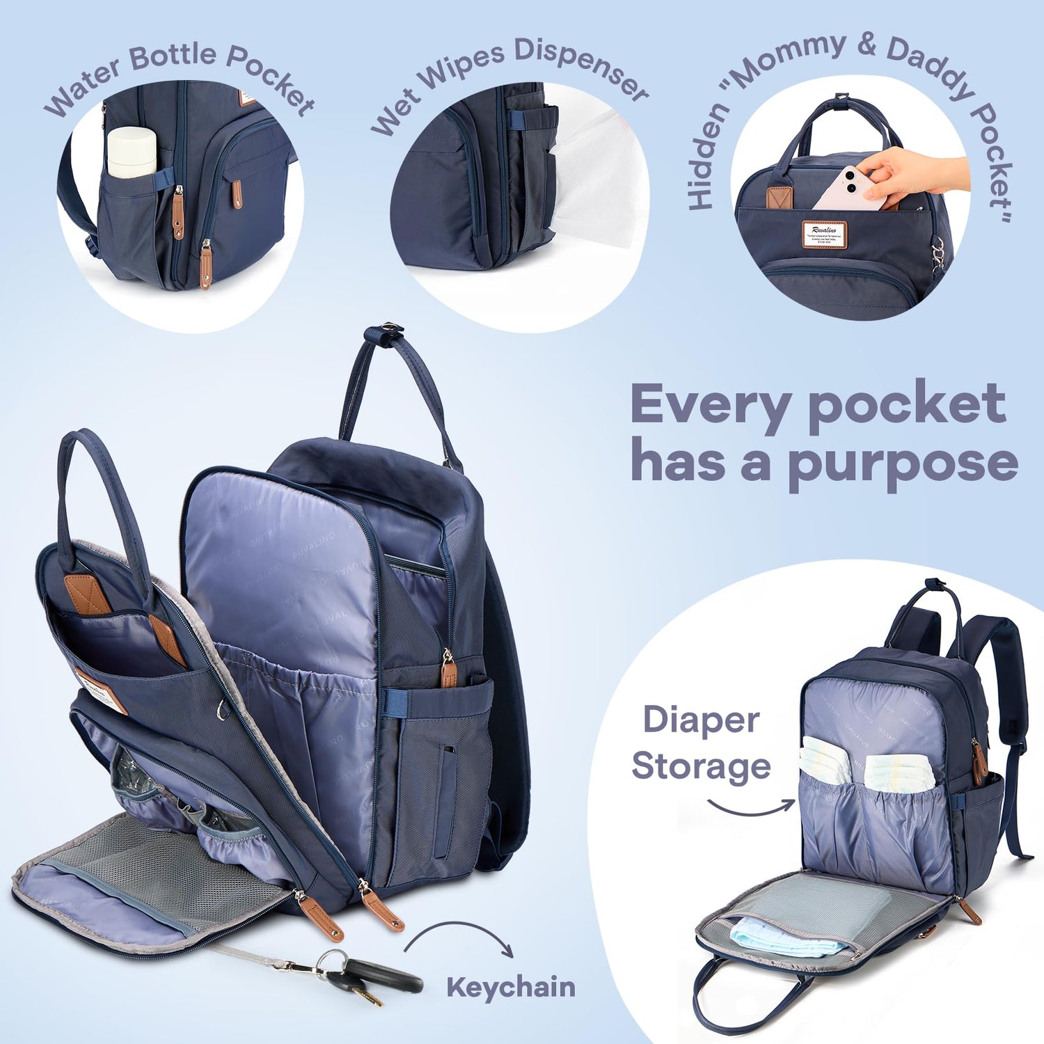 RUVALINO Diaper Bag Backpack, Multifunction Travel Pack Maternity Baby Changing Bags, Large Capacity, Waterproof, Beige