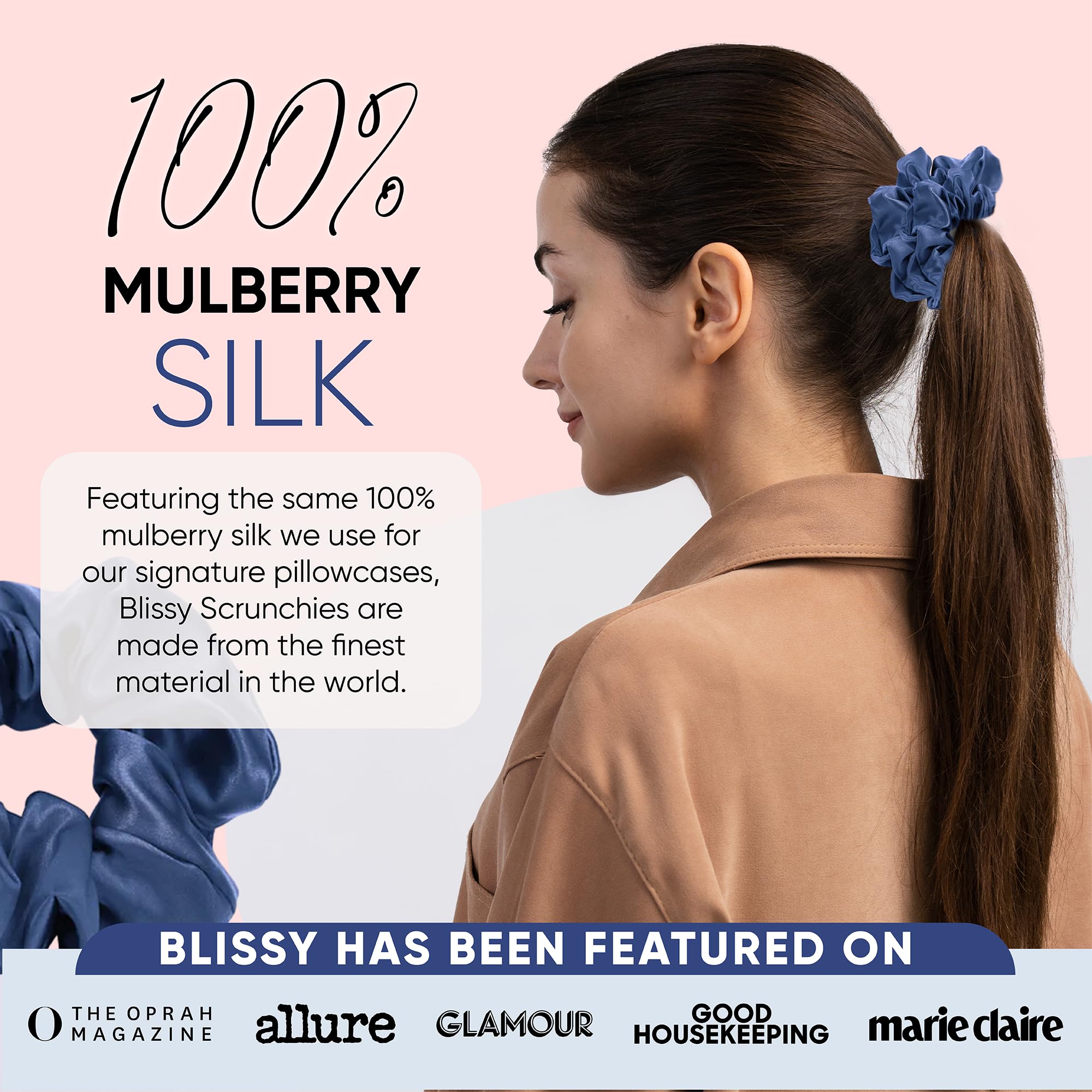 Blissy Silk Scrunchies (3 Pack) - 100% Pure Mulberry Silk - 22 Momme 6A High-Grade Fibers - Silk Scrunchie for Straight &amp; Curly Hair - Preventing Breakage, Tangling, &amp; Creasing (Rose Skinny)