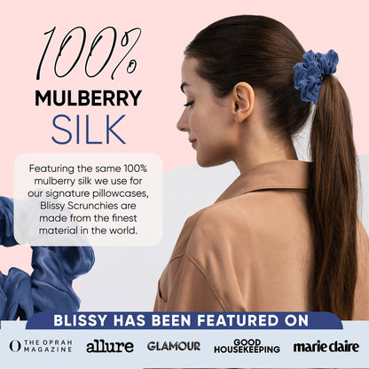Blissy Silk Scrunchies (3 Pack) - 100% Pure Mulberry Silk - 22 Momme 6A High-Grade Fibers - Silk Scrunchie for Straight &amp; Curly Hair - Preventing Breakage, Tangling, &amp; Creasing (Rose Skinny)