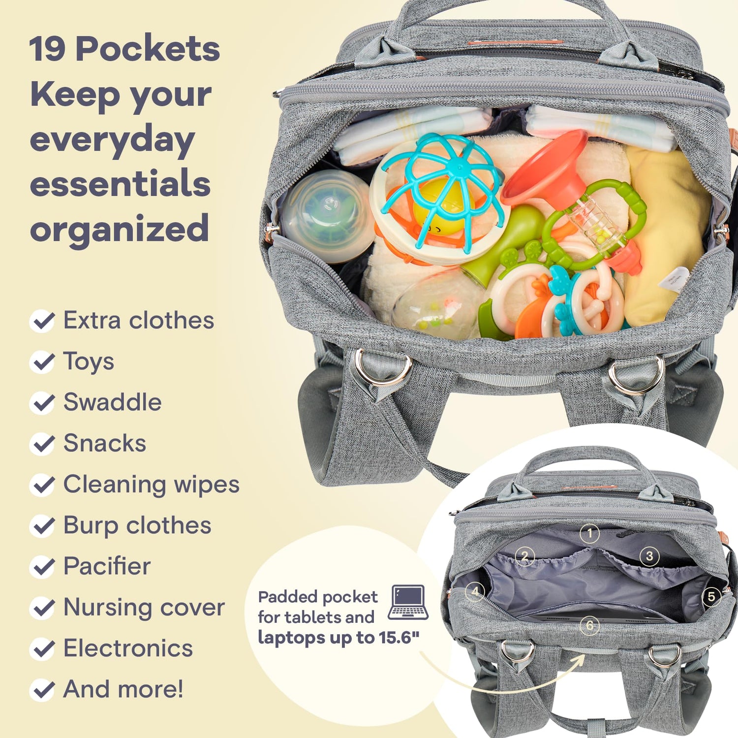 RUVALINO Diaper Bag Backpack, Multifunction Travel Pack Maternity Baby Changing Bags, Large Capacity, Waterproof, Beige