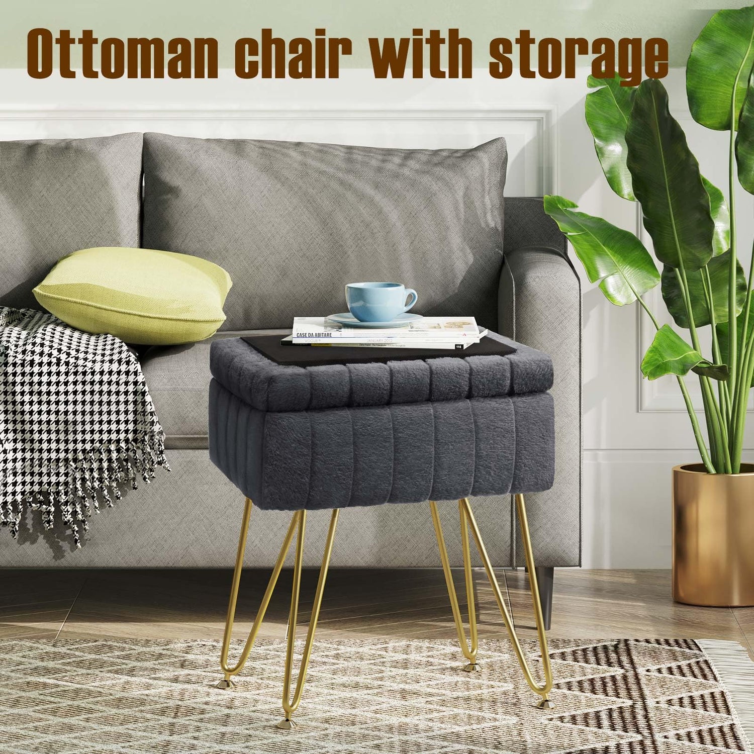 Greenstell Vanity Stool Chair Faux Fur with Storage, 19.4&quot; H x 15.7&quot; L x 11.8&quot; W Soft Ottoman 4 Metal Legs with Anti-Slip Feet, Furry Padded Seat, Modern Multifunctional Chairs for Makeup, Bedroom