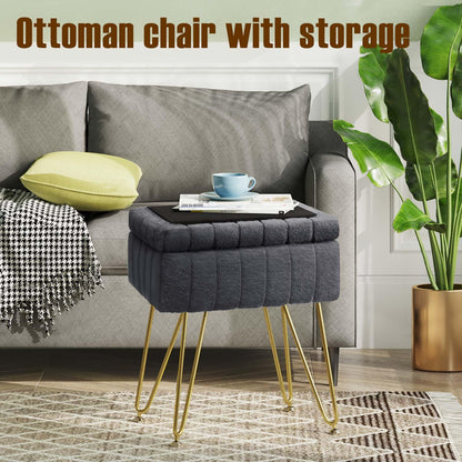 Greenstell Vanity Stool Chair Faux Fur with Storage, 19.4&quot; H x 15.7&quot; L x 11.8&quot; W Soft Ottoman 4 Metal Legs with Anti-Slip Feet, Furry Padded Seat, Modern Multifunctional Chairs for Makeup, Bedroom
