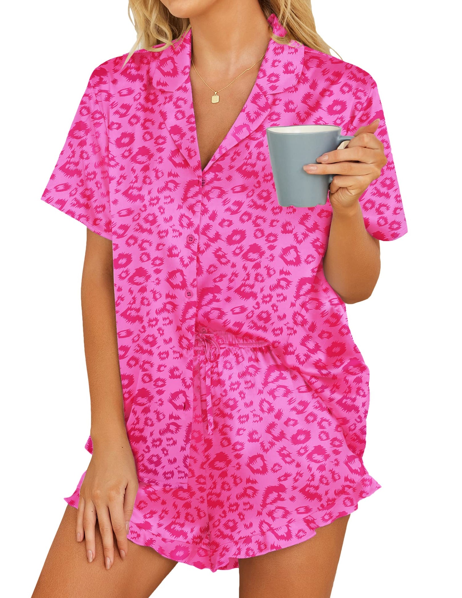 HOTOUCH Womens Satin Pajamas Set Button Down 2 Piece Silk Pjs Shorts Set Ruffle Lingerie Notch Collar Sleepwear