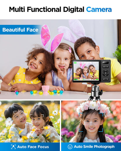 64GB Digital Camera for Kids: 48MP Anti-Shake Camera Photography Vlogging Camera for YouTube 16X Digital Zoom Photo Filtration Continuous Shooting Self-Timer Autofocus Compact Camera