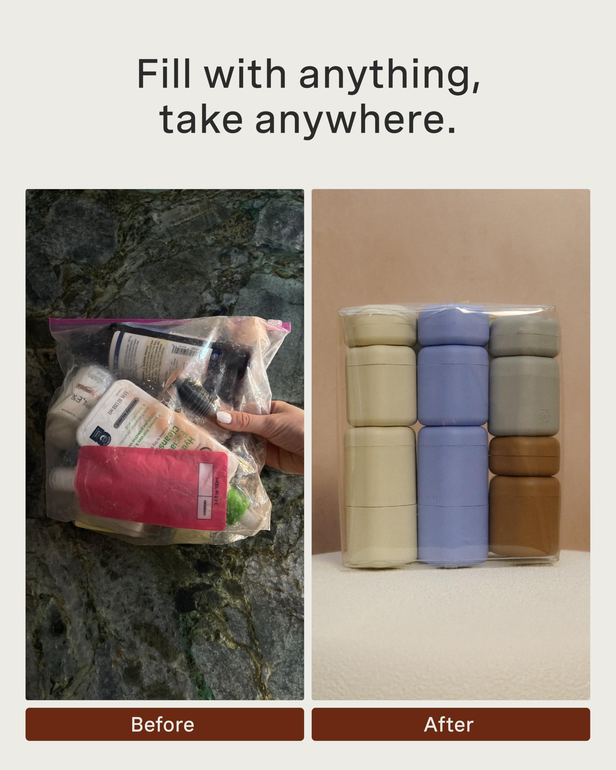 Cadence Travel Containers - Daily Routine Capsule Set - Magnetic Travel Capsules - For Shampoo, Conditioner, Body Wash, Pills, and More - 4 Flex Mediums (1.32oz) &amp; 3 Flex Smalls (0.56oz) - Sand