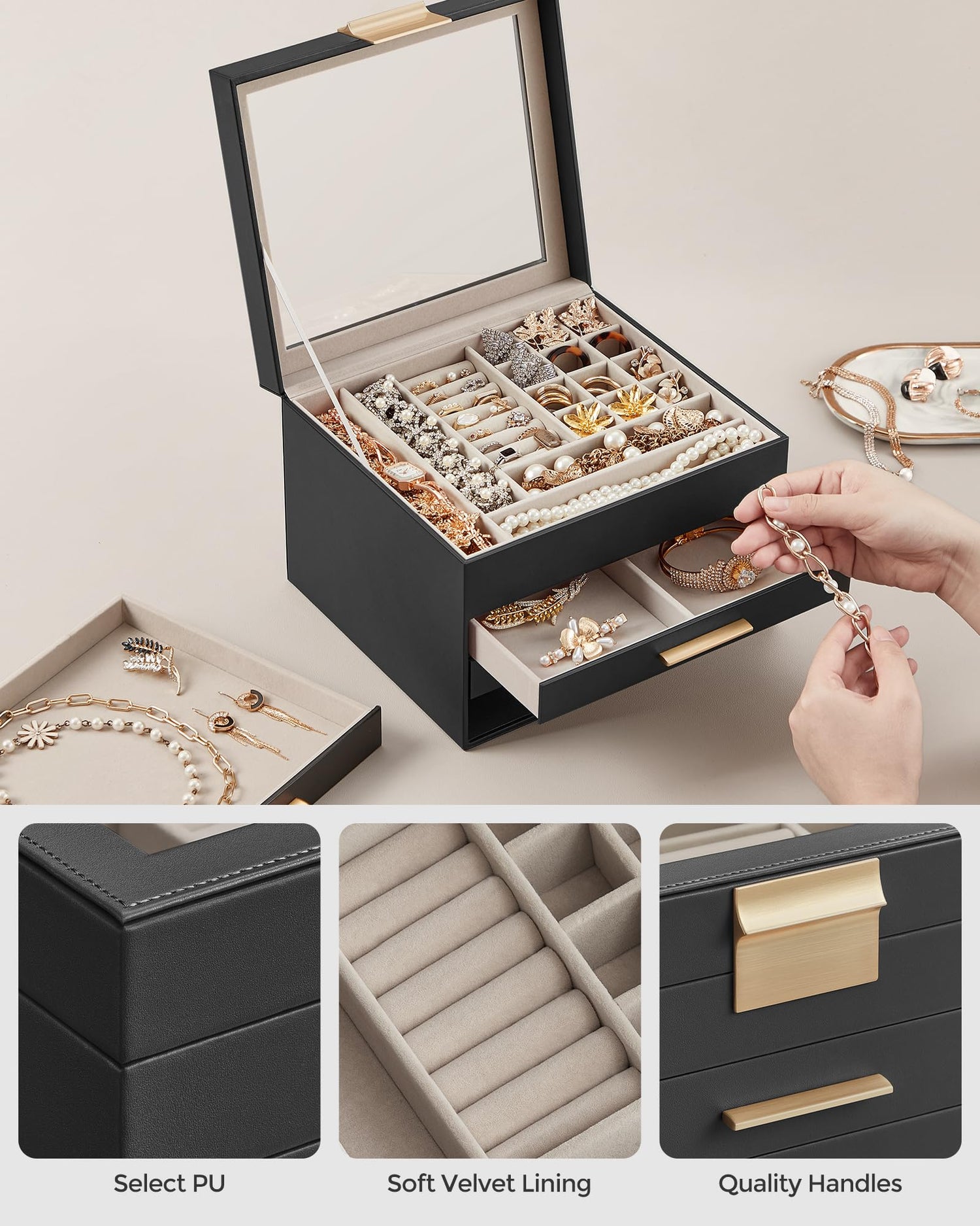 SONGMICS Jewelry Box with Glass Lid, 3-Layer Jewelry Organizer, 2 Drawers, for Big and Small Jewelry, Jewelry Storage, Modern Style, 8 x 9.1 x 5.3 Inches, Cloud White and Gold Color UJBC239WT