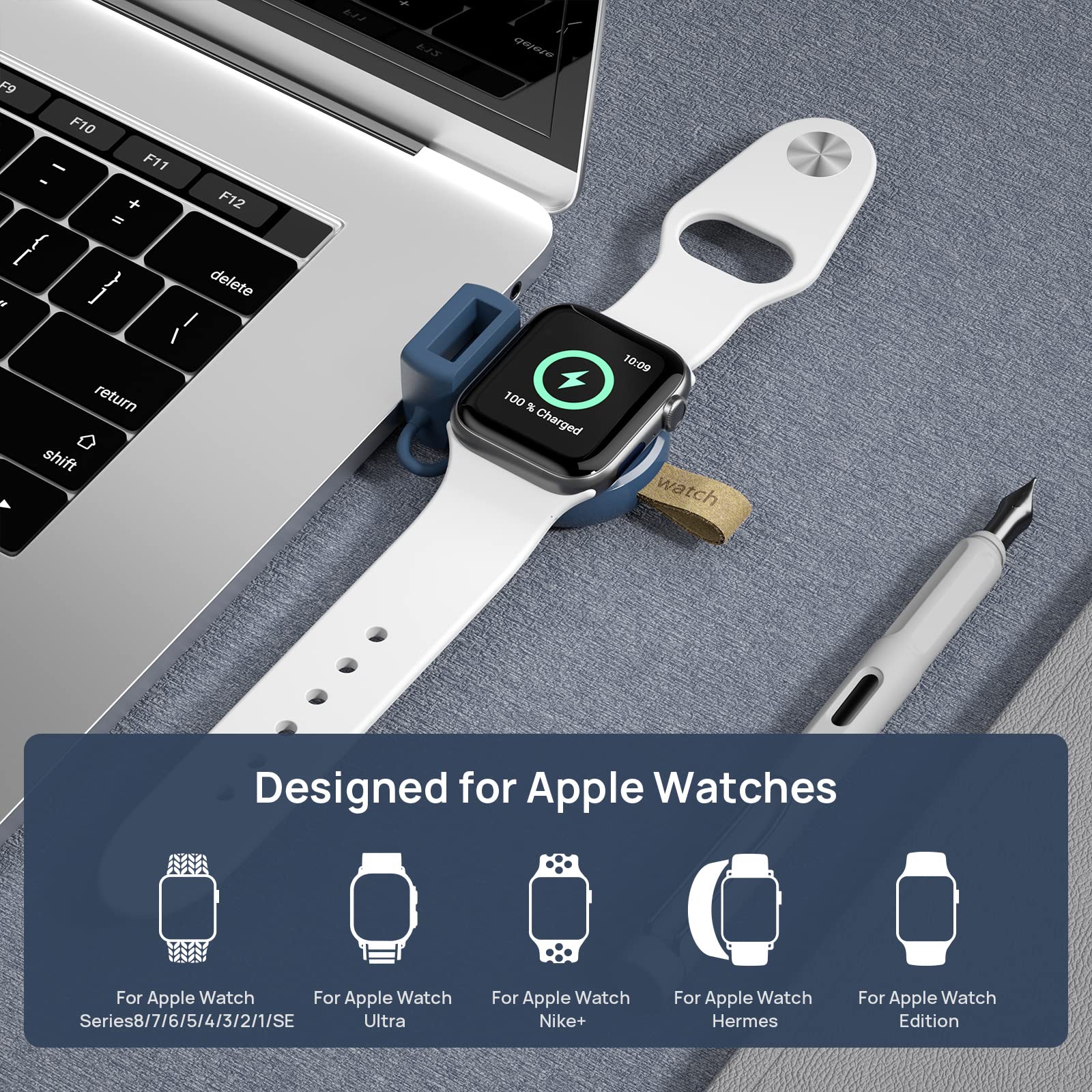 NEWDERY Charger for Apple Watch Portable iWatch USB Wireless Charger, Travel Cordless Charger with Light Weight Magnetic Quick Charge for Apple Watch Ultra 2 Series 9 8 7 6 5 4 3 2 1 SE, White