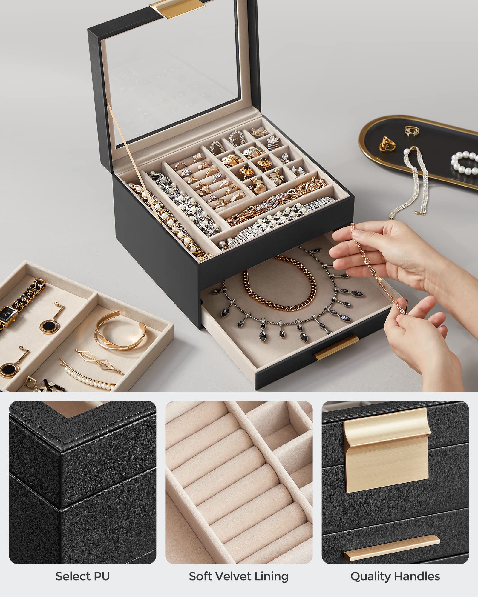 SONGMICS Jewelry Box with Glass Lid, 3-Layer Jewelry Organizer, 2 Drawers, for Big and Small Jewelry, Jewelry Storage, Modern Style, 8 x 9.1 x 5.3 Inches, Cloud White and Gold Color UJBC239WT