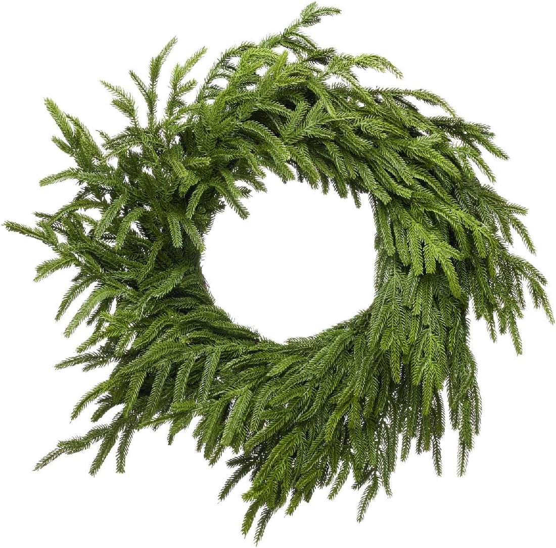 Somikis 24 Inch Christmas Wreaths for Front Door Real Touch Norfolk Pine Wreath for Winter Indoor&amp;Outdoor Porch Windows Wall Home Decor, Realistic Wreath for All Seasons