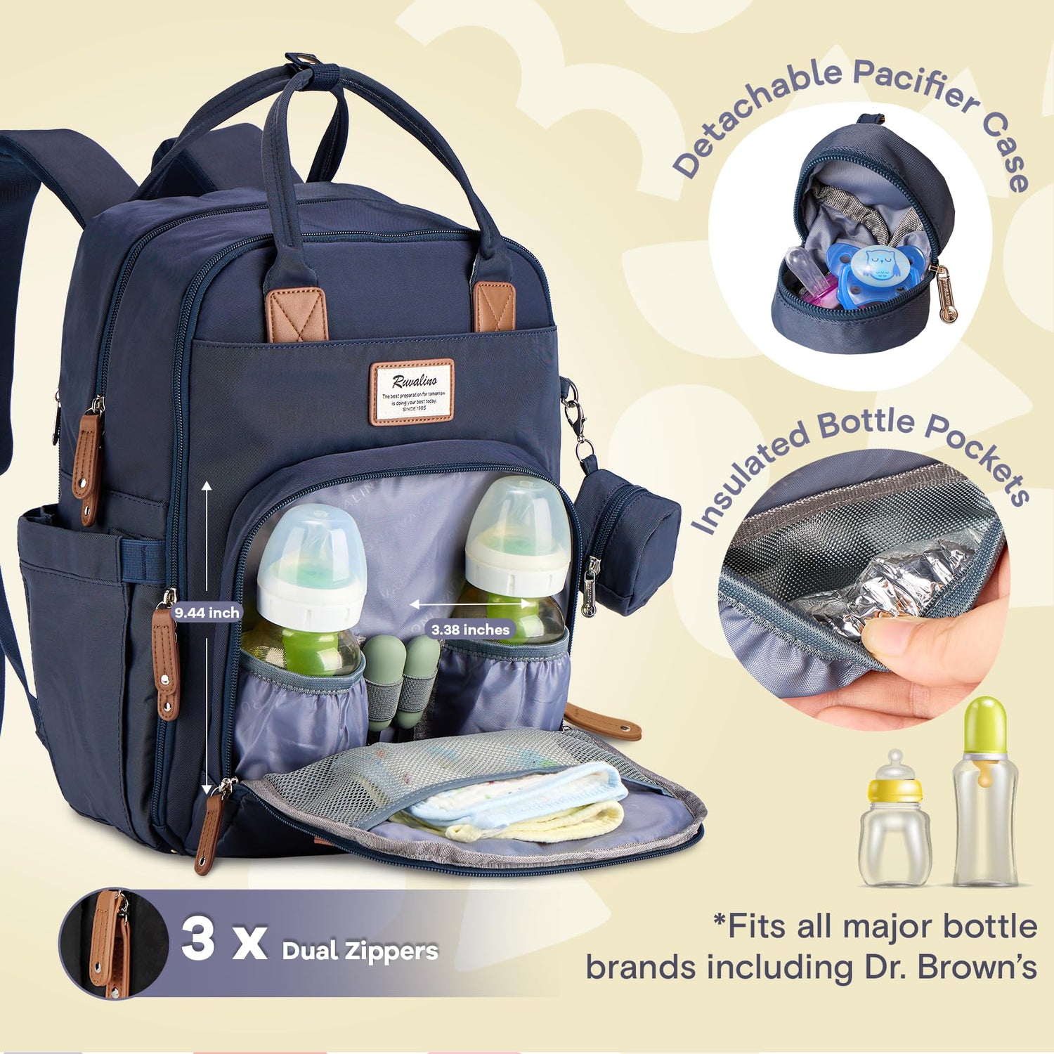 RUVALINO Diaper Bag Backpack, Multifunction Travel Pack Maternity Baby Changing Bags, Large Capacity, Waterproof, Beige