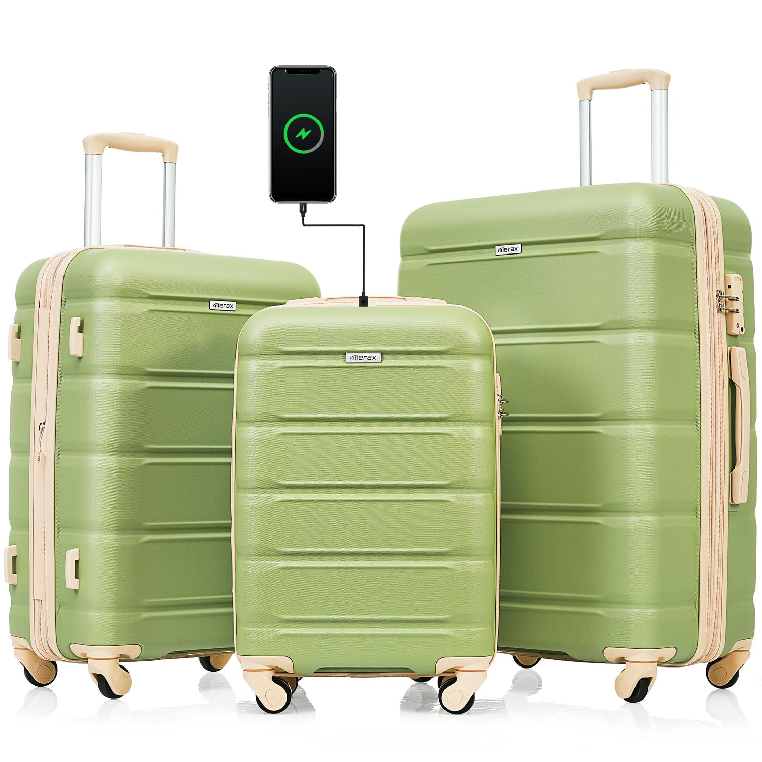 Merax 3 Pcs ABS Hardside Luggage Sets TSA Lock Spinner Wheel Suitcases, Pearly White, 20/24/28 Inch