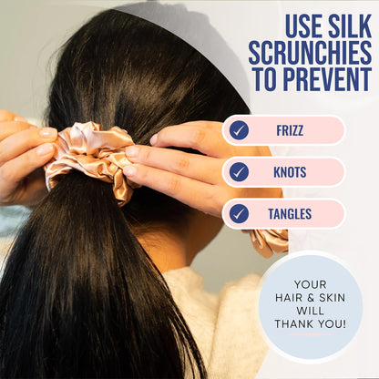 Blissy Silk Scrunchies (3 Pack) - 100% Pure Mulberry Silk - 22 Momme 6A High-Grade Fibers - Silk Scrunchie for Straight &amp; Curly Hair - Preventing Breakage, Tangling, &amp; Creasing (Black Skinny)