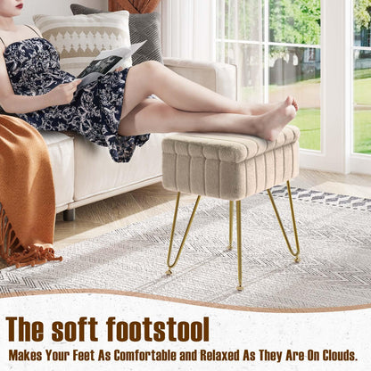 Greenstell Vanity Stool Chair Faux Fur with Storage, 19.4&quot; H x 15.7&quot; L x 11.8&quot; W Soft Ottoman 4 Metal Legs with Anti-Slip Feet, Furry Padded Seat, Modern Multifunctional Chairs for Makeup, Bedroom