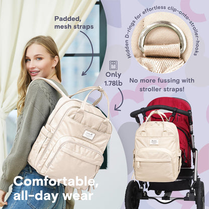 RUVALINO Diaper Bag Backpack, Multifunction Travel Pack Maternity Baby Changing Bags, Large Capacity, Waterproof, Beige