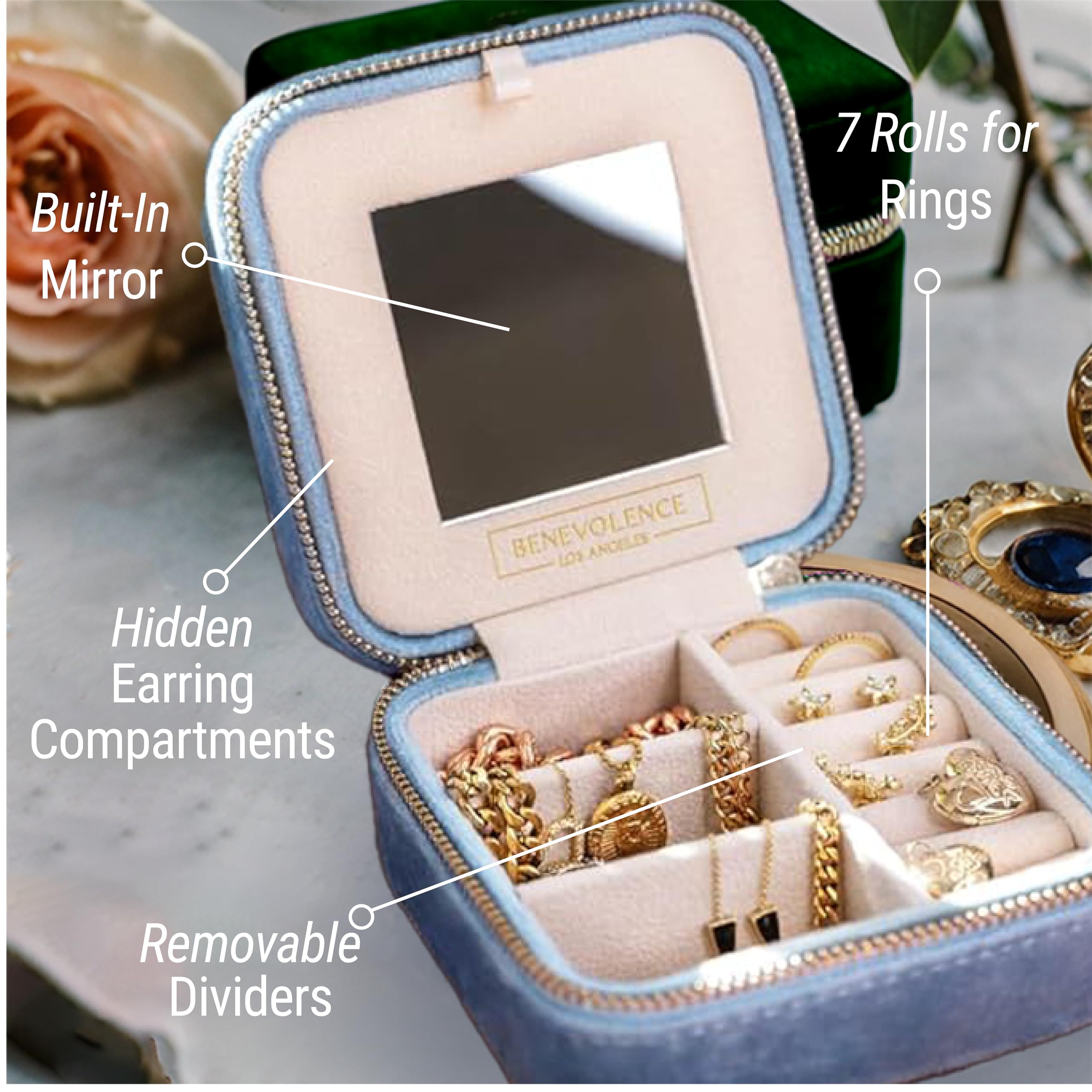 Benevolence LA Plush Velvet Travel Jewelry Storage Box | Travel Jewelry Case Small Jewelry Box for Women | Jewelry Travel Organizer | Earring Organizer with Mirror - Dusty Pink