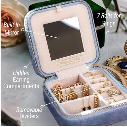 Benevolence LA Plush Velvet Travel Jewelry Storage Box | Travel Jewelry Case Small Jewelry Box for Women | Jewelry Travel Organizer | Earring Organizer with Mirror - Dusty Pink