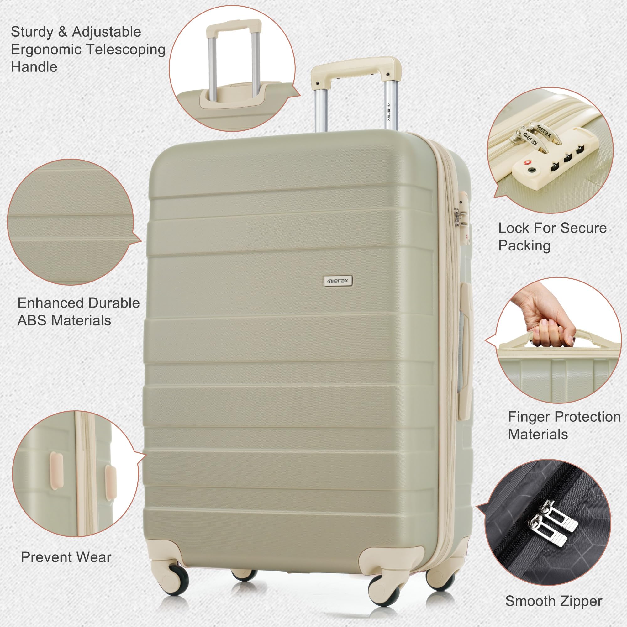 Merax 3 Pcs ABS Hardside Luggage Sets TSA Lock Spinner Wheel Suitcases, Pearly White, 20/24/28 Inch