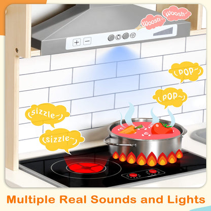 Play Kitchen for Kids with 18 Pcs Toy Food &amp; Cookware Accessories Bundle with 43 Pcs Kids Wooden Play Food