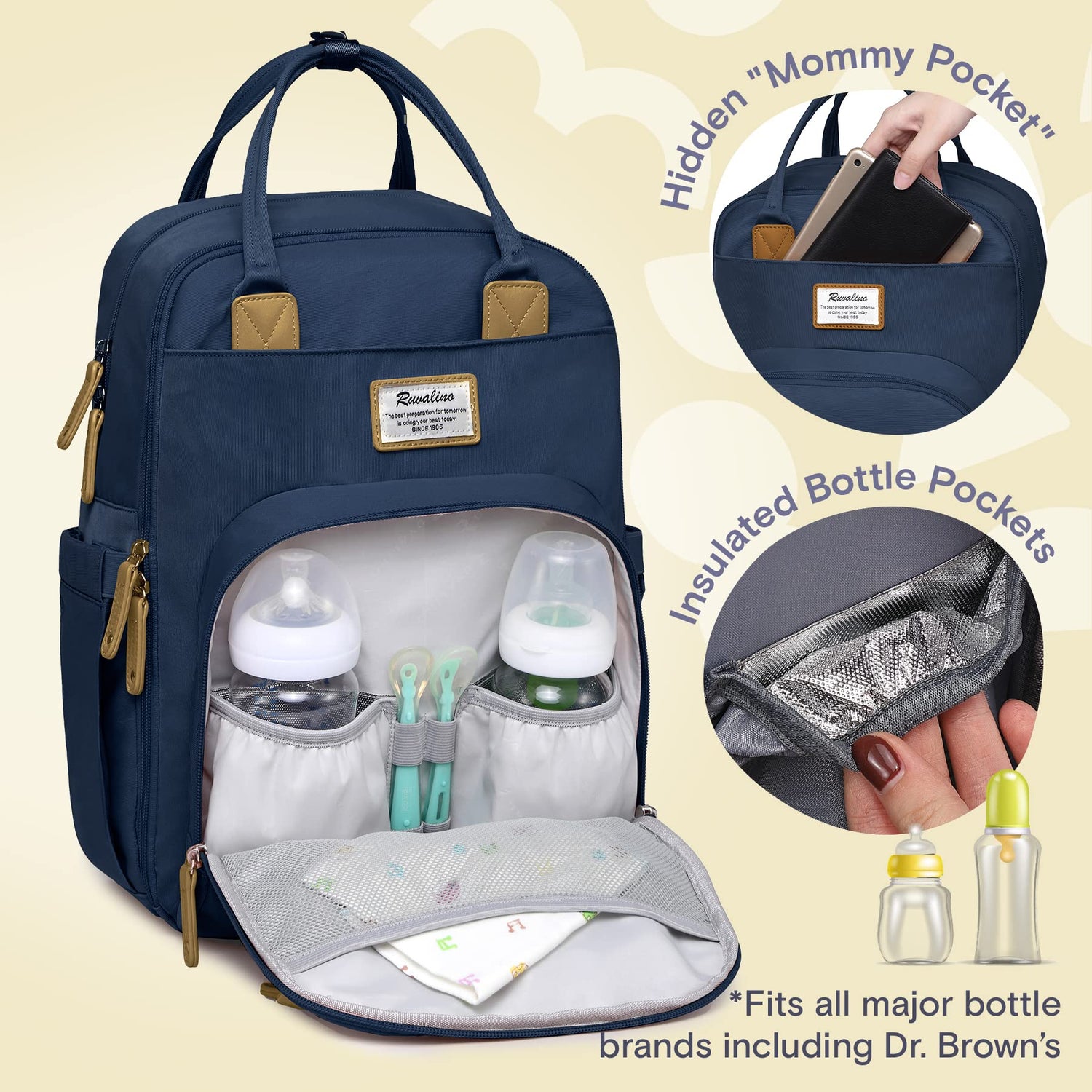 RUVALINO Diaper Bag Backpack, Multifunction Travel Pack Maternity Baby Changing Bags, Large Capacity, Waterproof, Beige