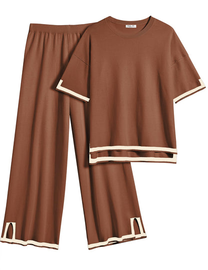 Ekouaer Lounge Set for Women 2 Piece Sets Loungewear Set Outfits Knit Sweater Sets Wide Leg Long Pants Pajama Set