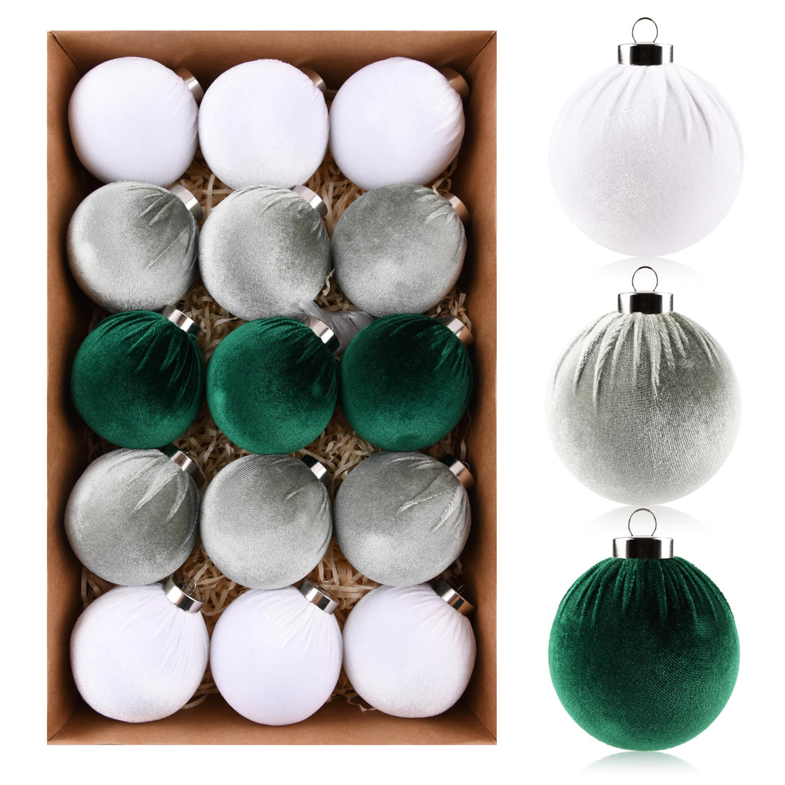 Christmas Tree Ornaments Velvet Balls - Pack of 15pcs Shatterproof Xmas Bulbs Decorations Set - Multicolor Green Brown Neutral, 80mm 3.15 inch