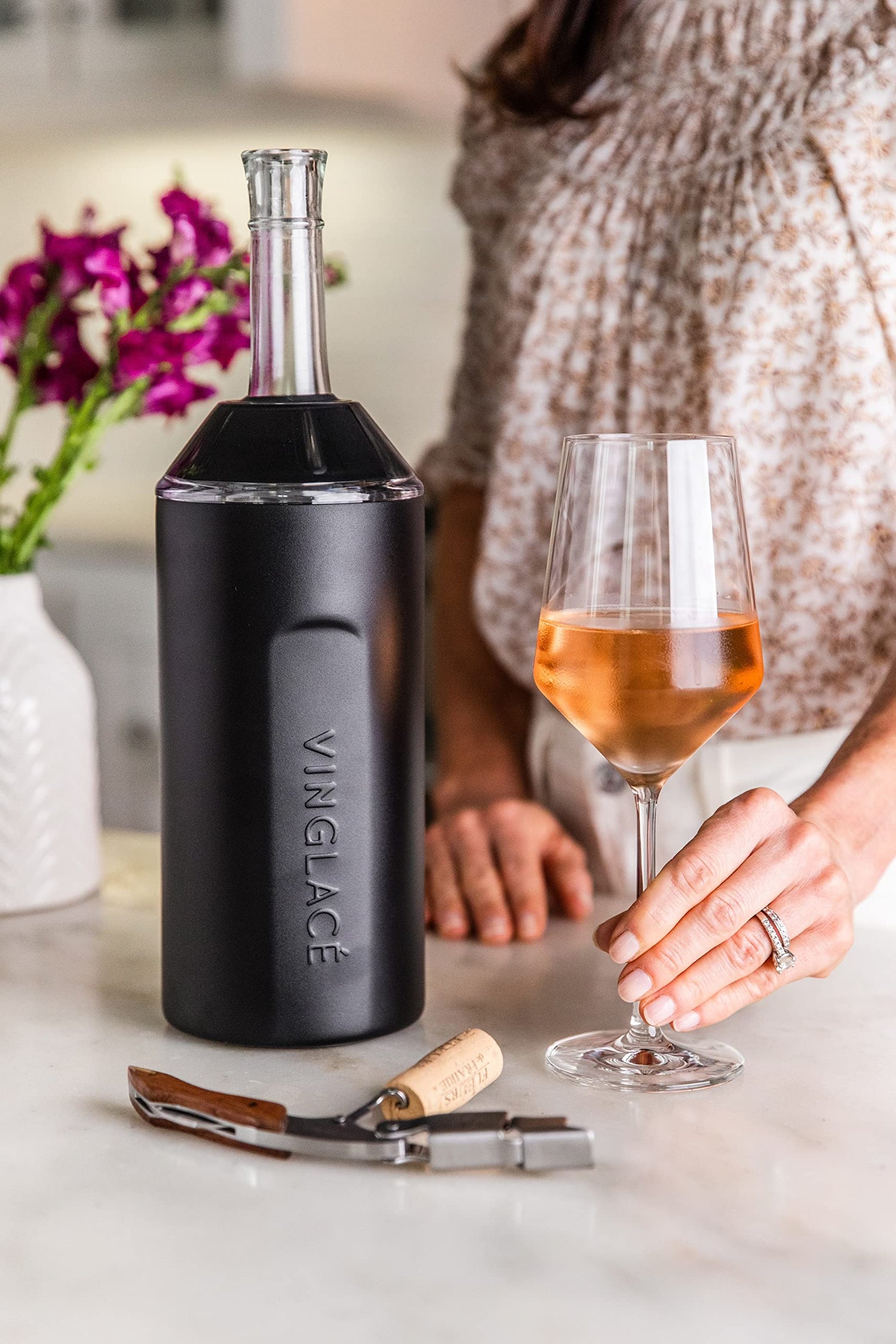 Vinglacé Wine Bottle Chiller- Portable Champagne Insulator- Stainless Steel Wine Cooler Sleeve, White