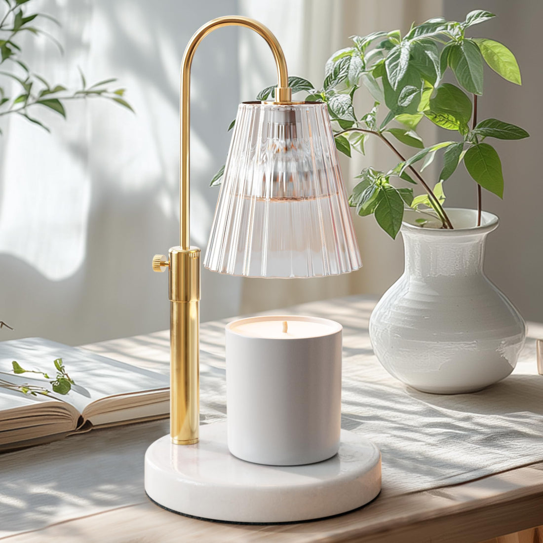Flameless Candle Warmer Lamp for Jar Candles Large &amp; Small – Dimmable Lamp Candle Warmer Electric with Large Marble Base &amp; Adjustable Height – Candle Melter with Timer and 4 Halogen Light Bulbs
