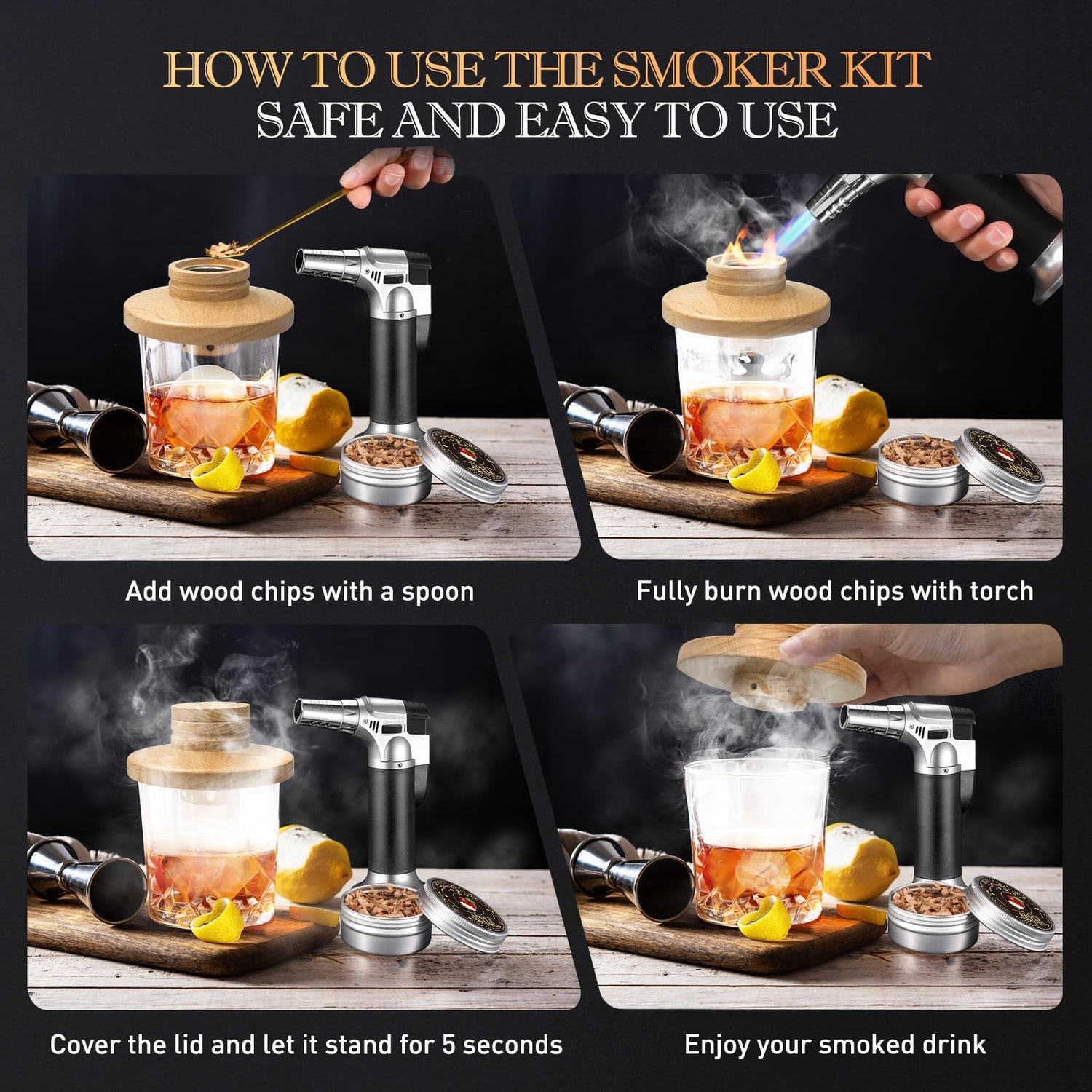 Gifts for Men Cocktail Smoker Kit for Bourbon Whiskey, Dad Mens Gifts for Christmas, Bourbon Whiskey Smoker Gifts for Men Dad Him Husband, 6 Flavors Wood Chips for Old Fashioned Smoker Kit (No Butane)