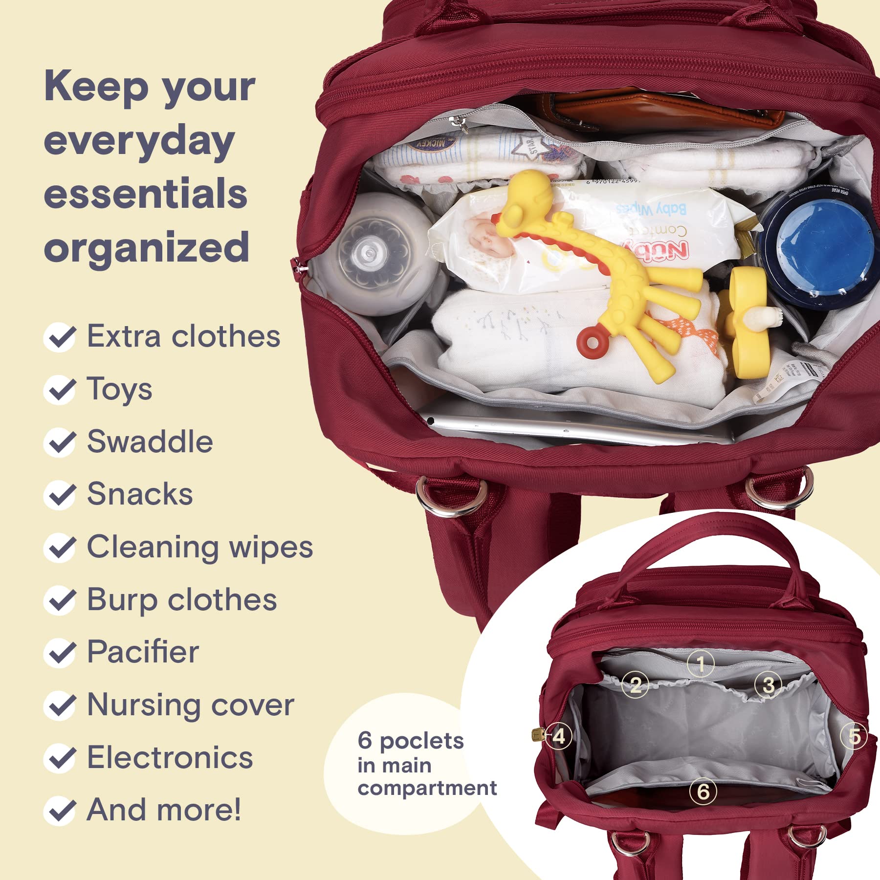 RUVALINO Diaper Bag Backpack, Multifunction Travel Pack Maternity Baby Changing Bags, Large Capacity, Waterproof, Beige