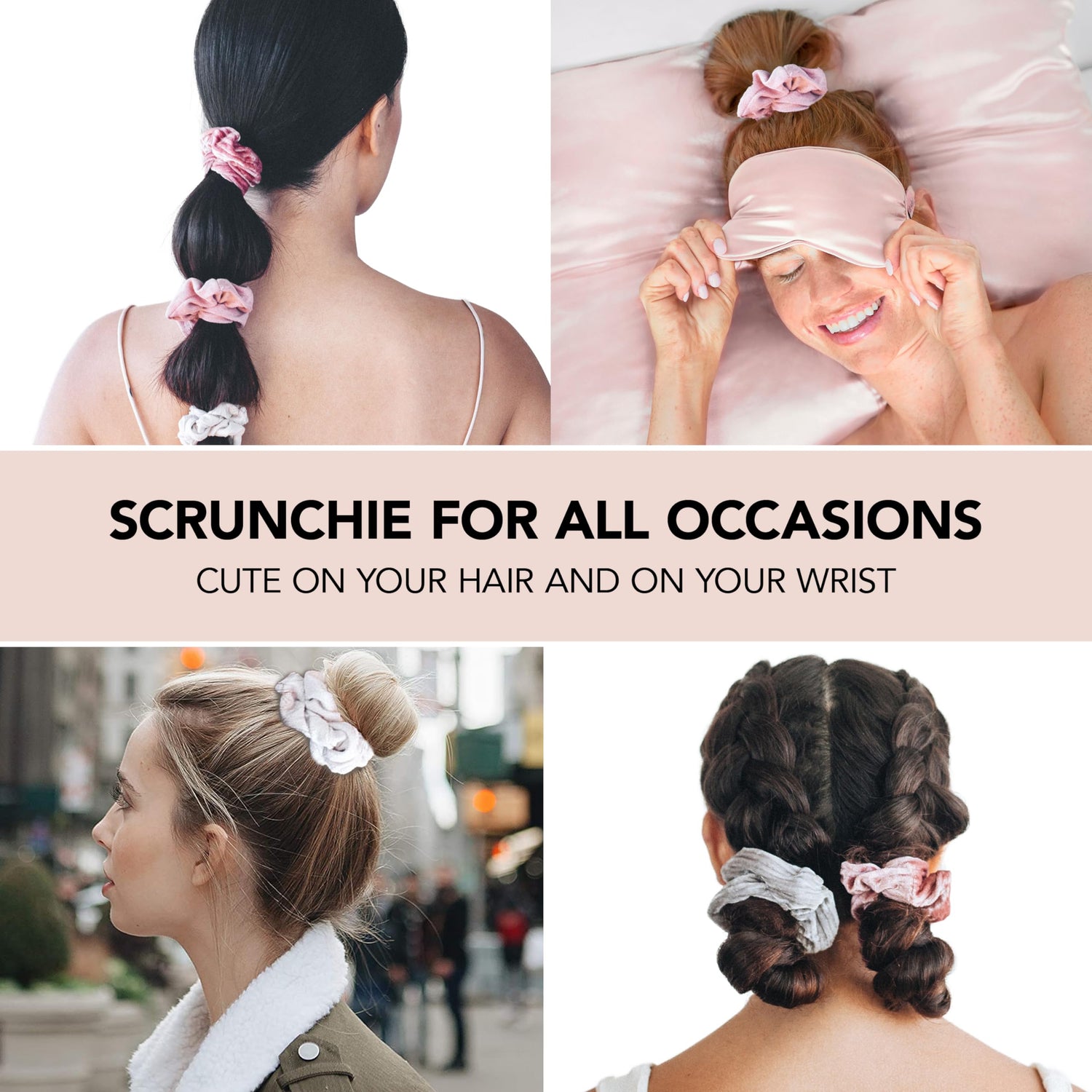 Kitsch 5 Count Velvet Hair Scrunchies for Women - Hair Ties for Thick Hair, Girls, Women, Cute Scrunchies, Soft Hair Accessories, Blush/Mauve