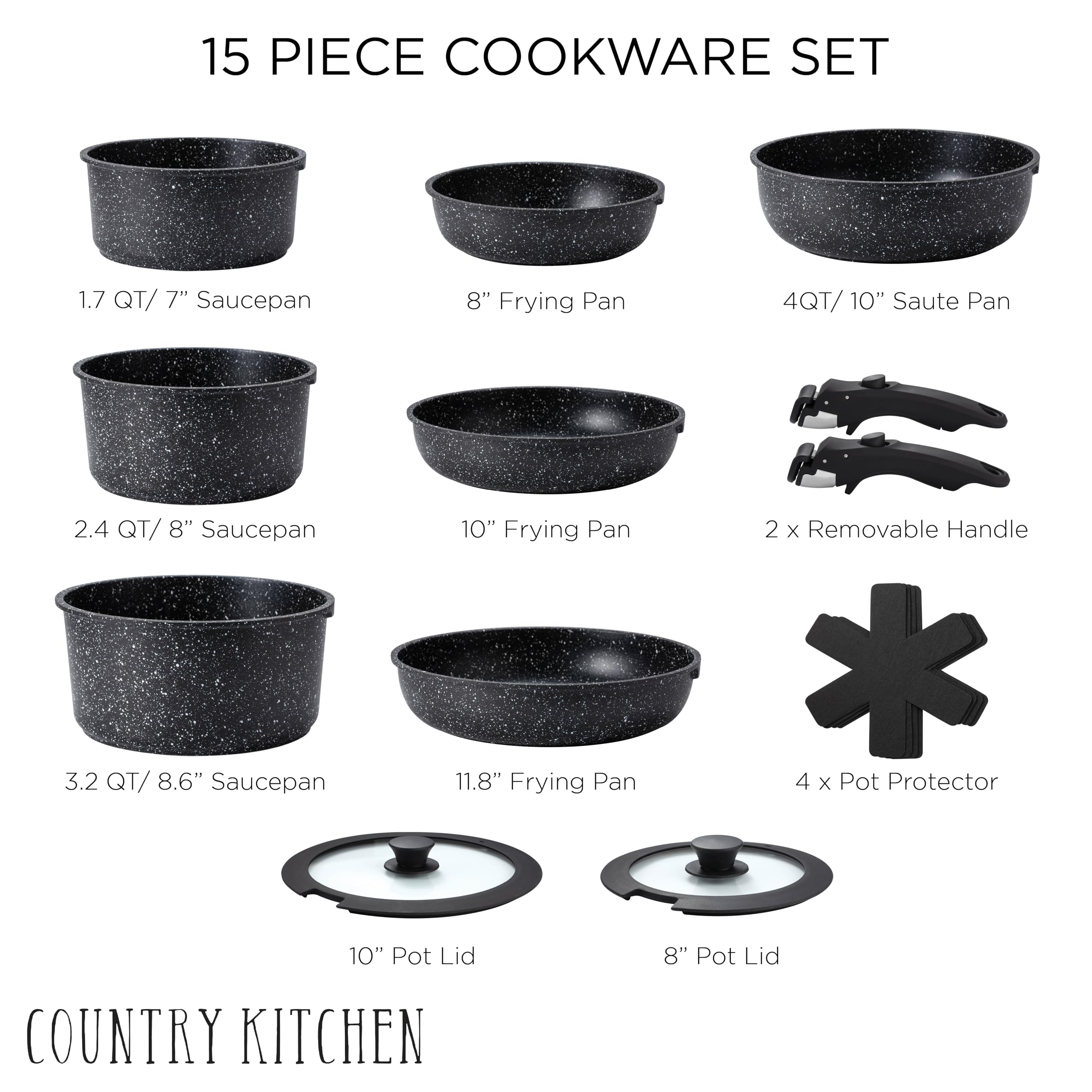 Country Kitchen Cookware Set with Removable Handle, Oven &amp; RV Safe Pots and Pans Set, Cream, Deluxe Larger Set