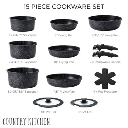 Country Kitchen Cookware Set with Removable Handle, Oven &amp; RV Safe Pots and Pans Set, Cream, Deluxe Larger Set