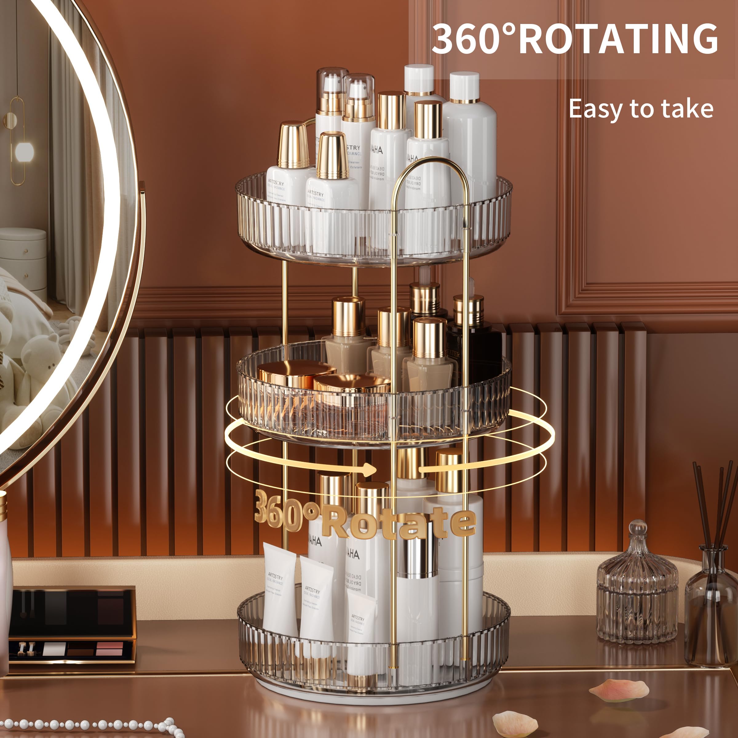 YCIA&amp;DONE 360 Rotating Makeup Organizer and Storage for Vanity Bathroom Countertop, High Capacity Cosmetic Skincare Perfume Organizer for Dresser Lazy Susan Organizers(Clear White,2 Tiers)