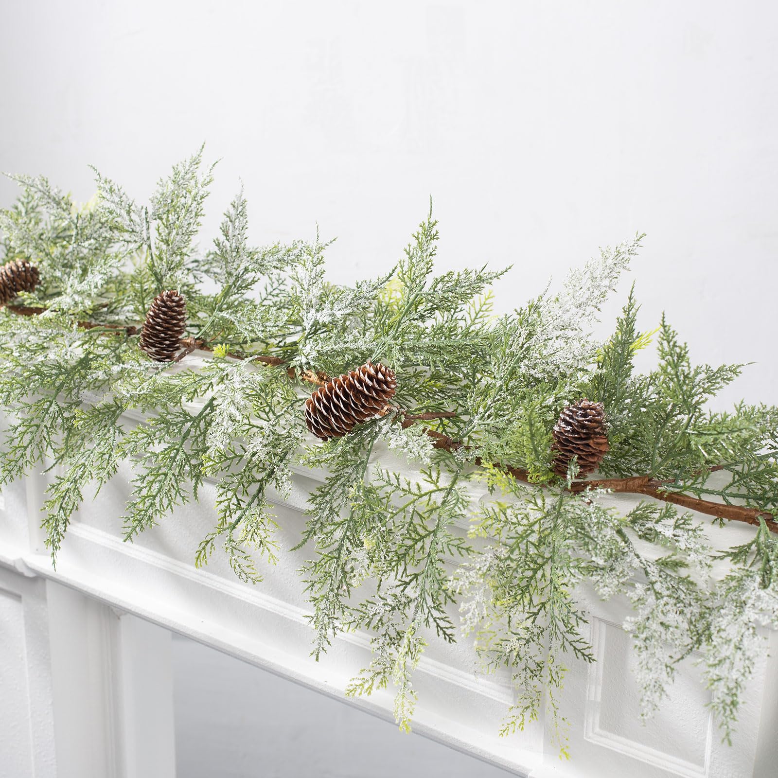 Jin&amp;Bao 6FT Real Touch Norfolk Pine Garlands, Christmas Garland with Lights, Christmas Decorations for Mantel Stairs Table Runner Outdoor Indoor Winter Decor, 50 LED with Timer 8 Modes