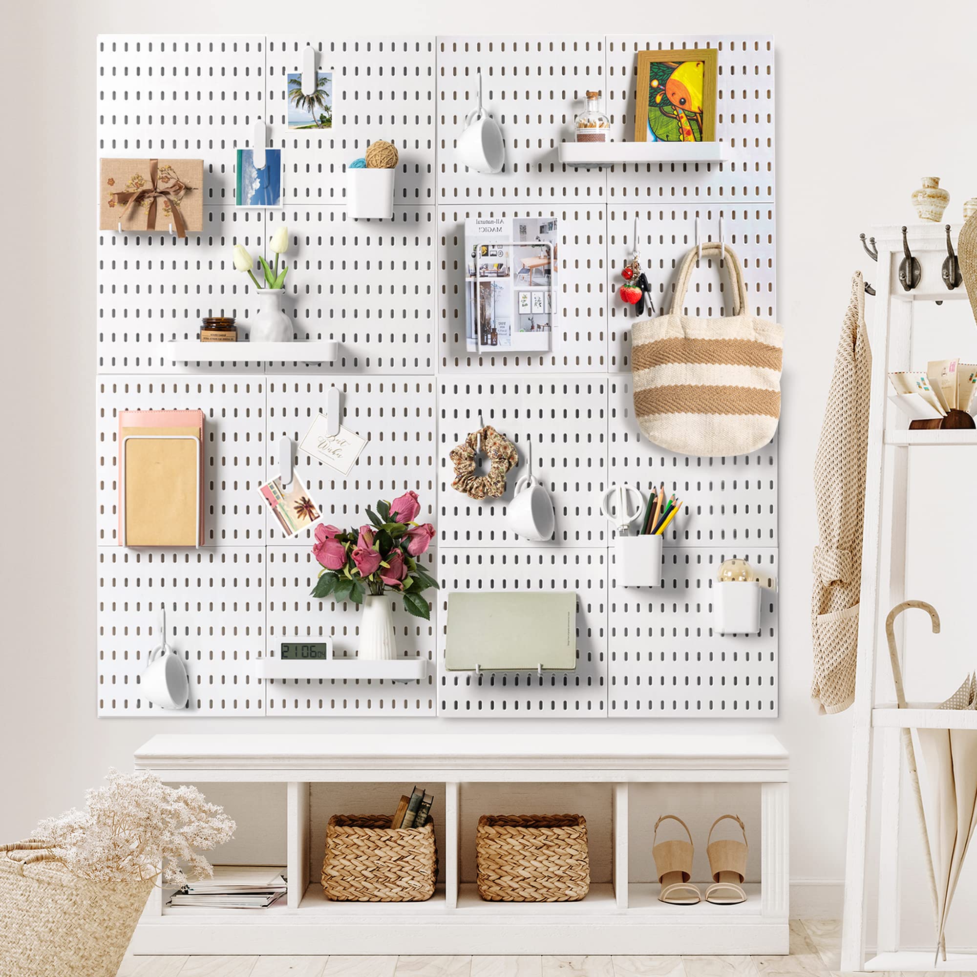 VUSIGN Pegboard Combination Wall Organizer Kit, 4 Pieces Pegboards and 17 Accessories Modular Hanging, Wall Mount Display Peg Board Panel Kits for Bedroom, Home, Office, Bathroom, 22&quot; x 22&quot;, Pink