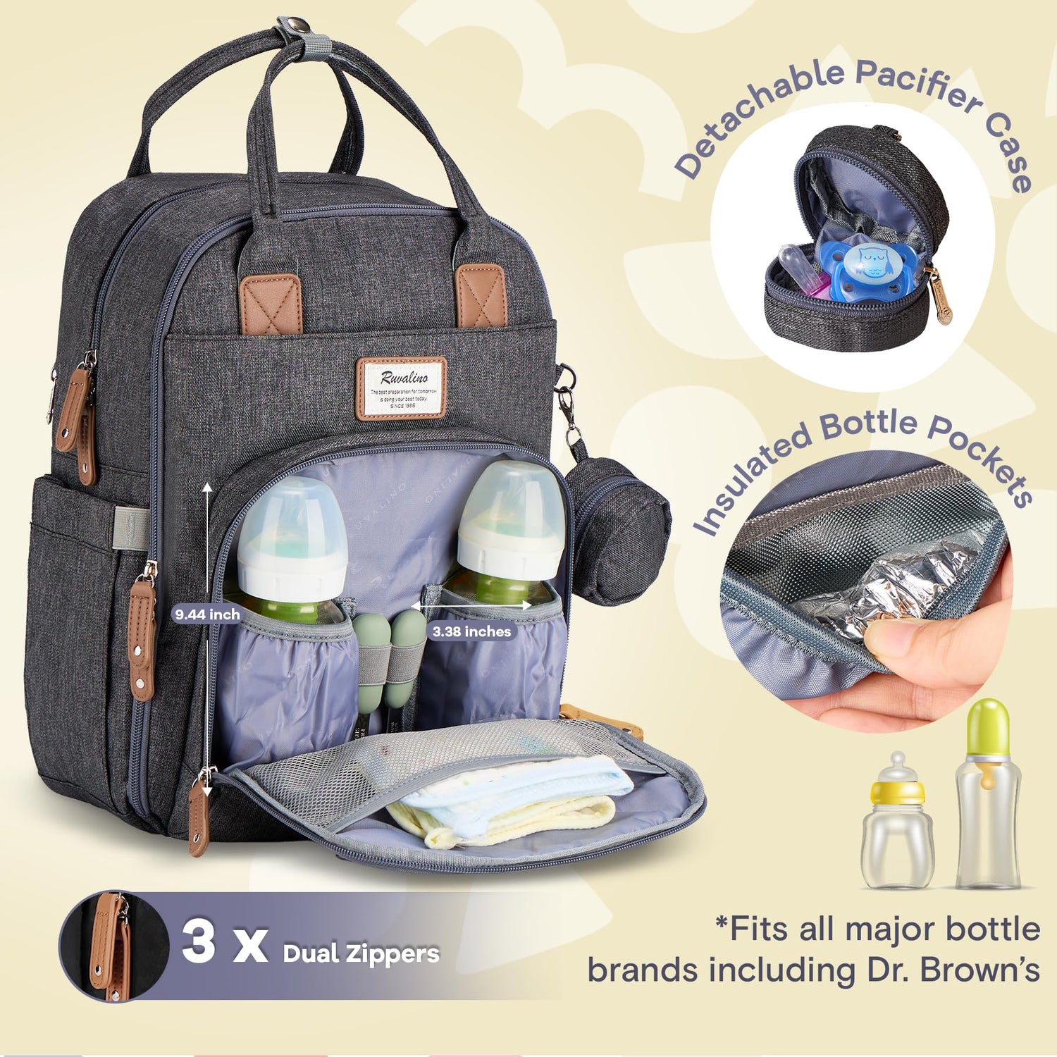 RUVALINO Diaper Bag Backpack, Multifunction Travel Pack Maternity Baby Changing Bags, Large Capacity, Waterproof, Beige
