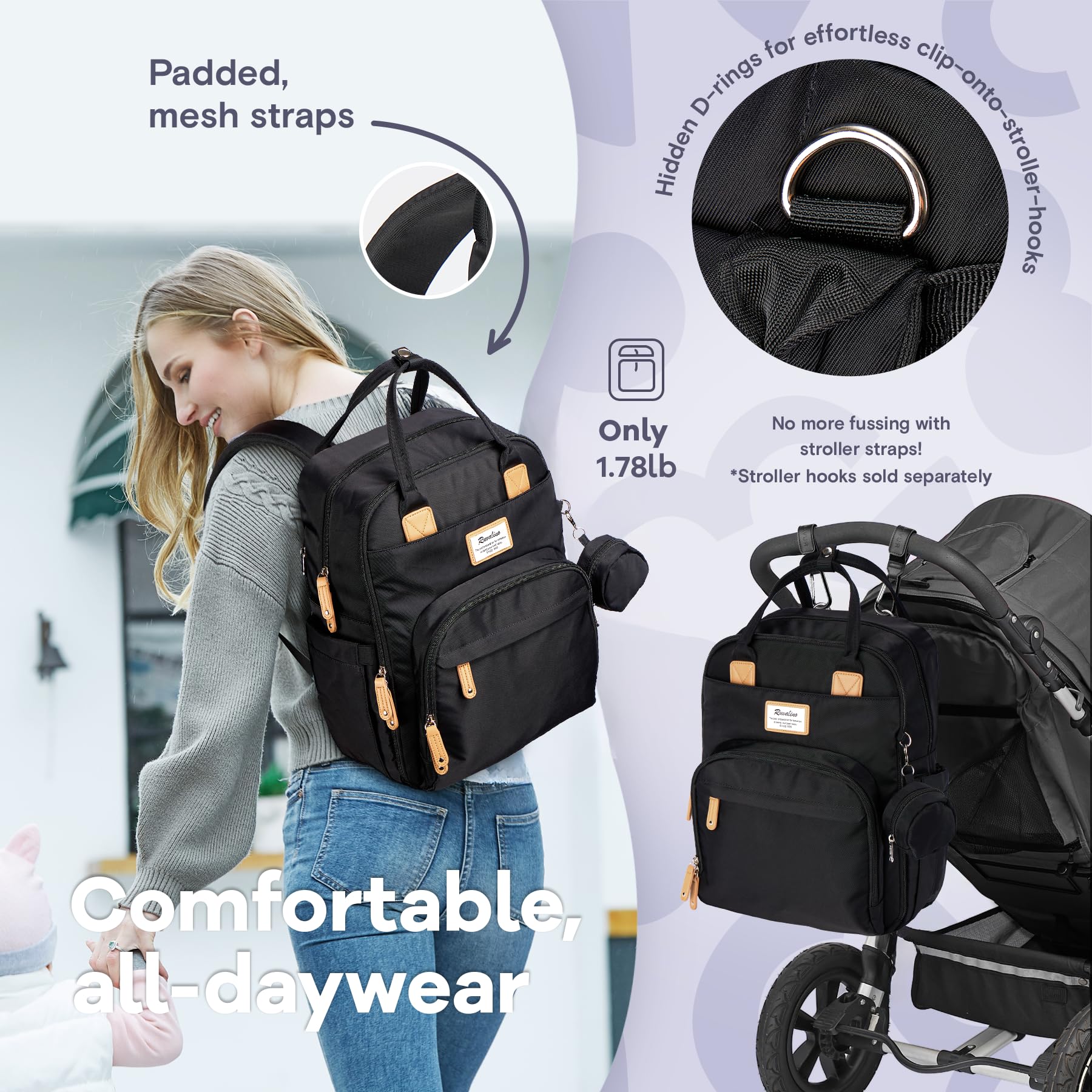 RUVALINO Diaper Bag Backpack, Multifunction Travel Pack Maternity Baby Changing Bags, Large Capacity, Waterproof, Beige